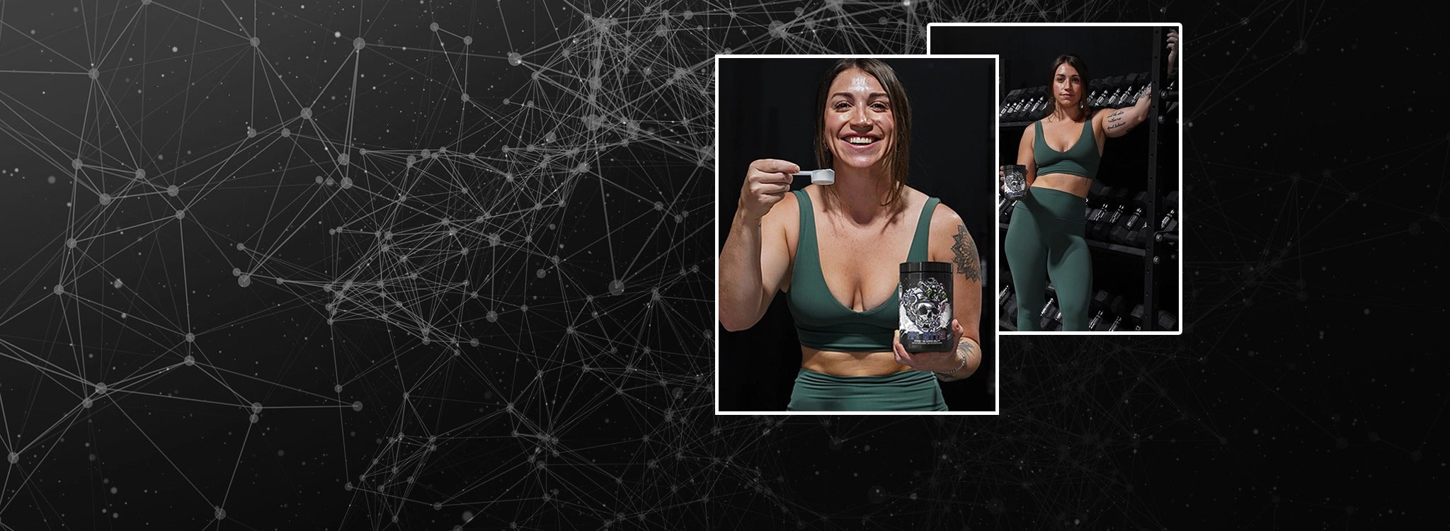 An athlete smiling and holding a scoop and a tub of Pipe Hitter pre-workout, beside a second photo of her in the gym.